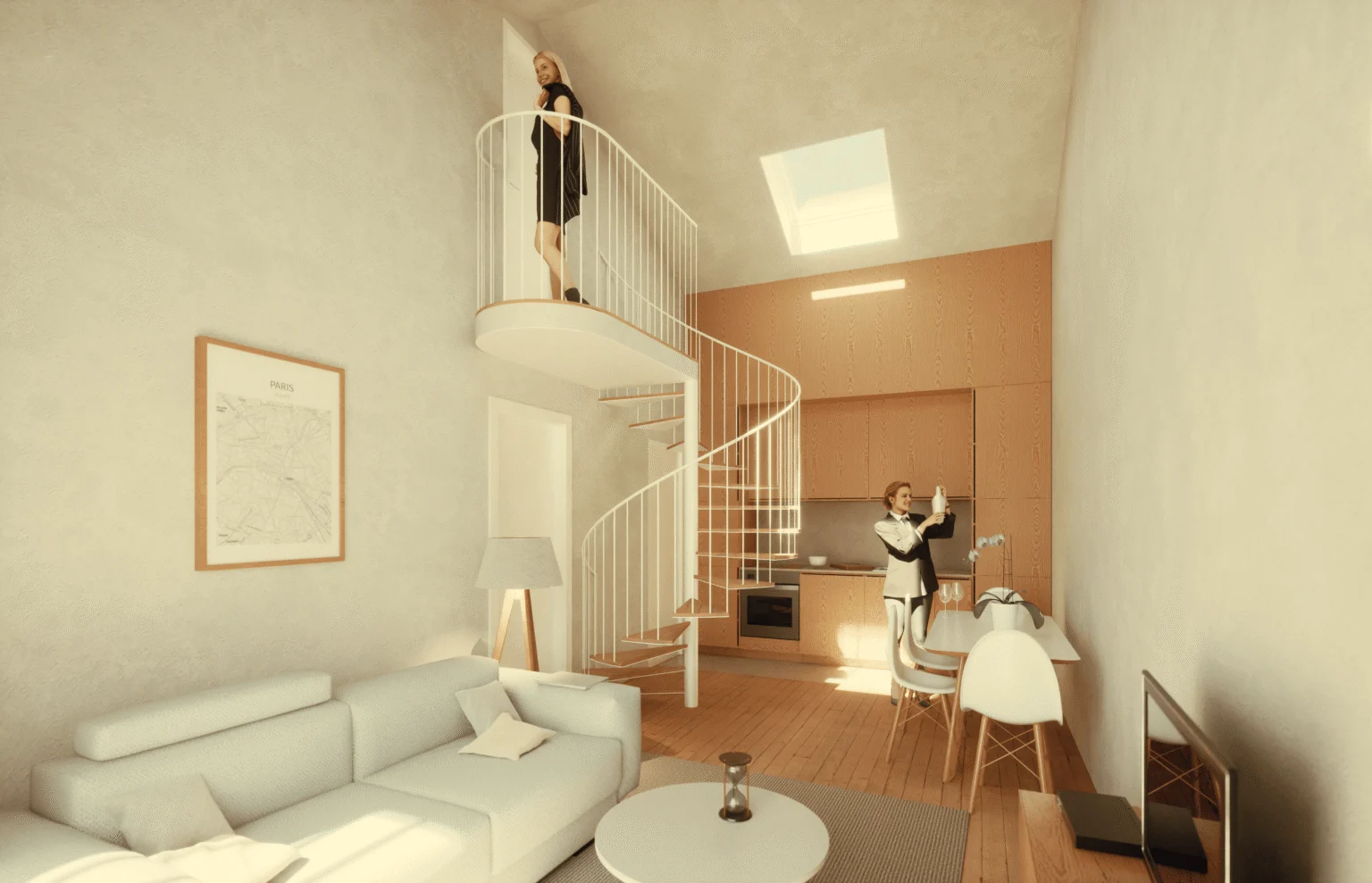 Alojamento local em Ericeira — interior dúplex com escada em caracol