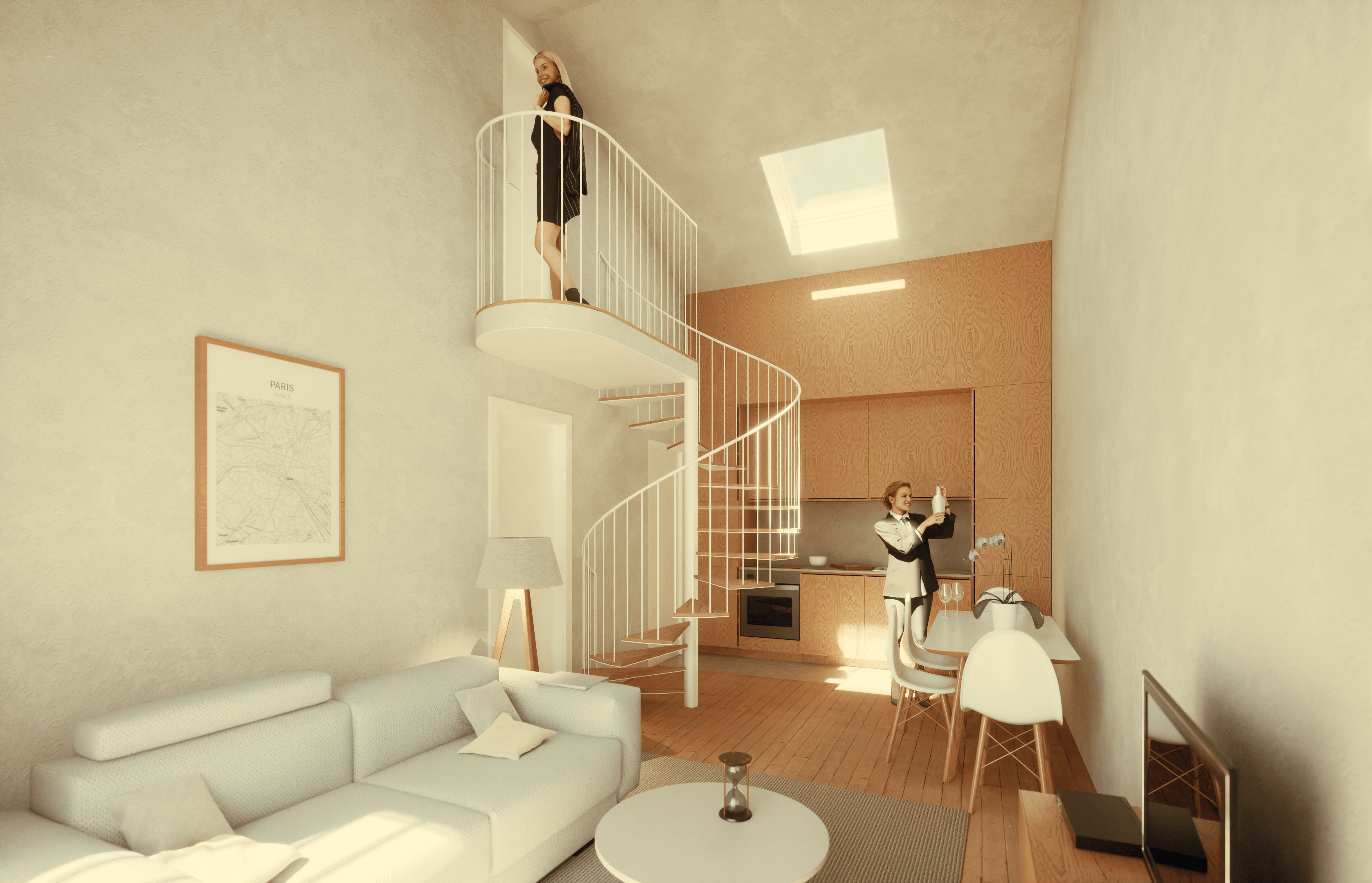 Alojamento local em Ericeira — interior dúplex com escada em caracol