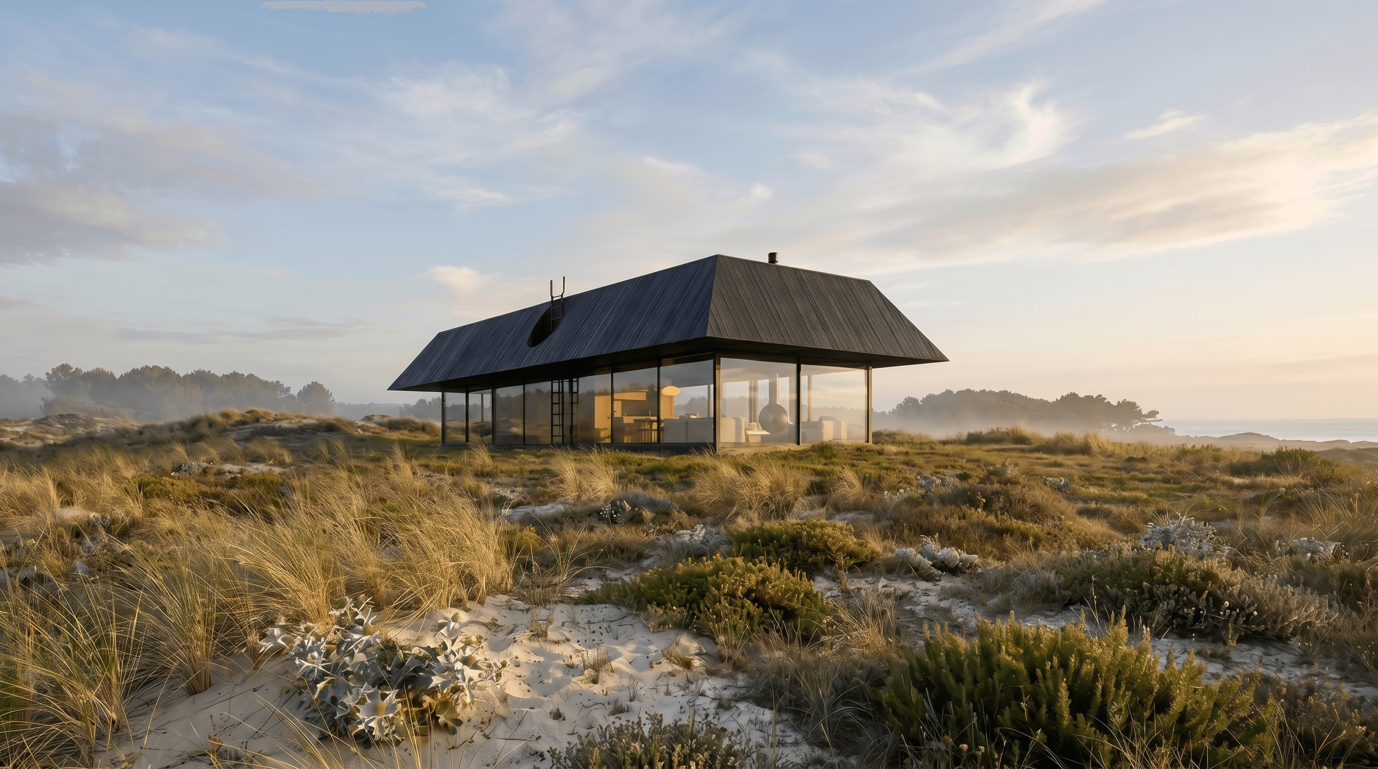 Casa Dunas Nazaré — pavilhão de vidro e madeira nas dunas ao anoitecer, vista para o mar