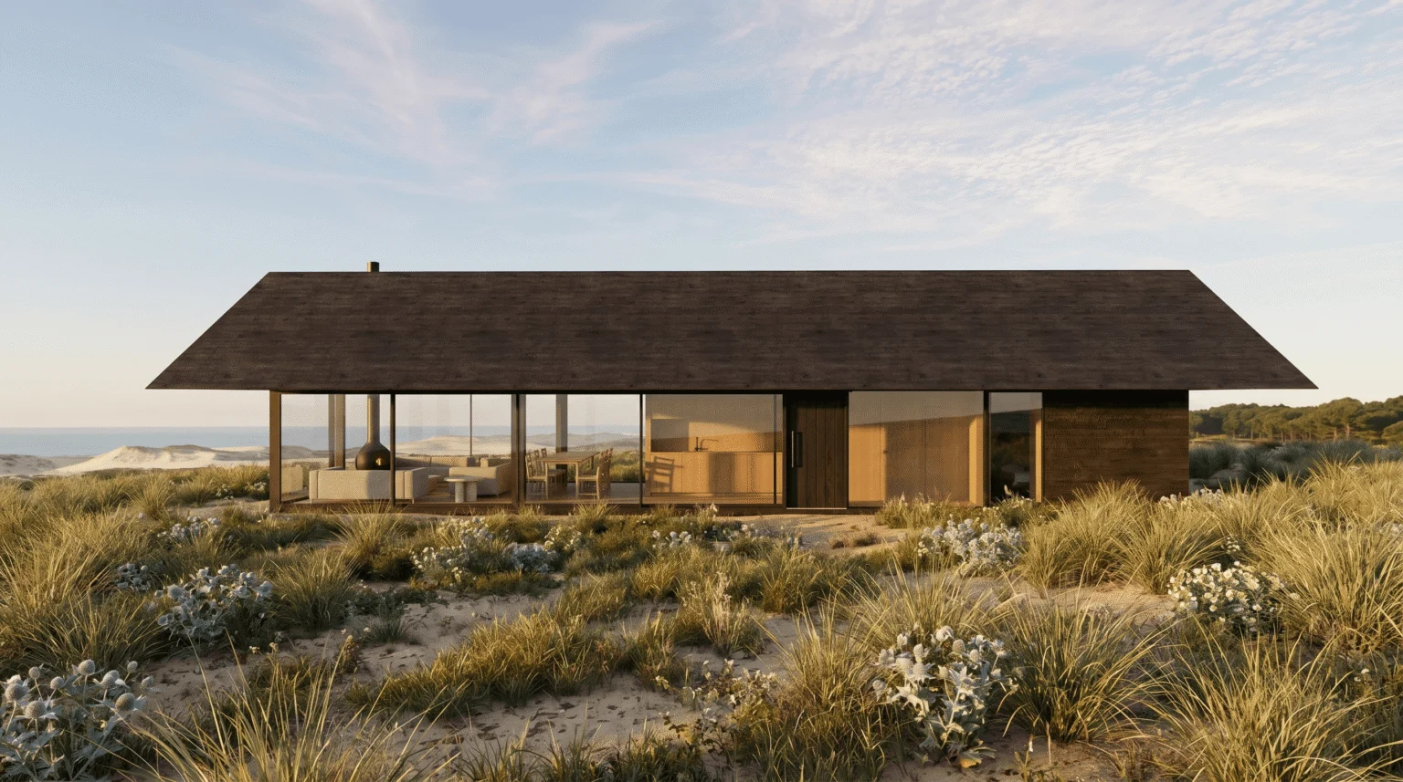 Casa Dunas Nazaré — alçado frontal entre as dunas, ao fim da tarde