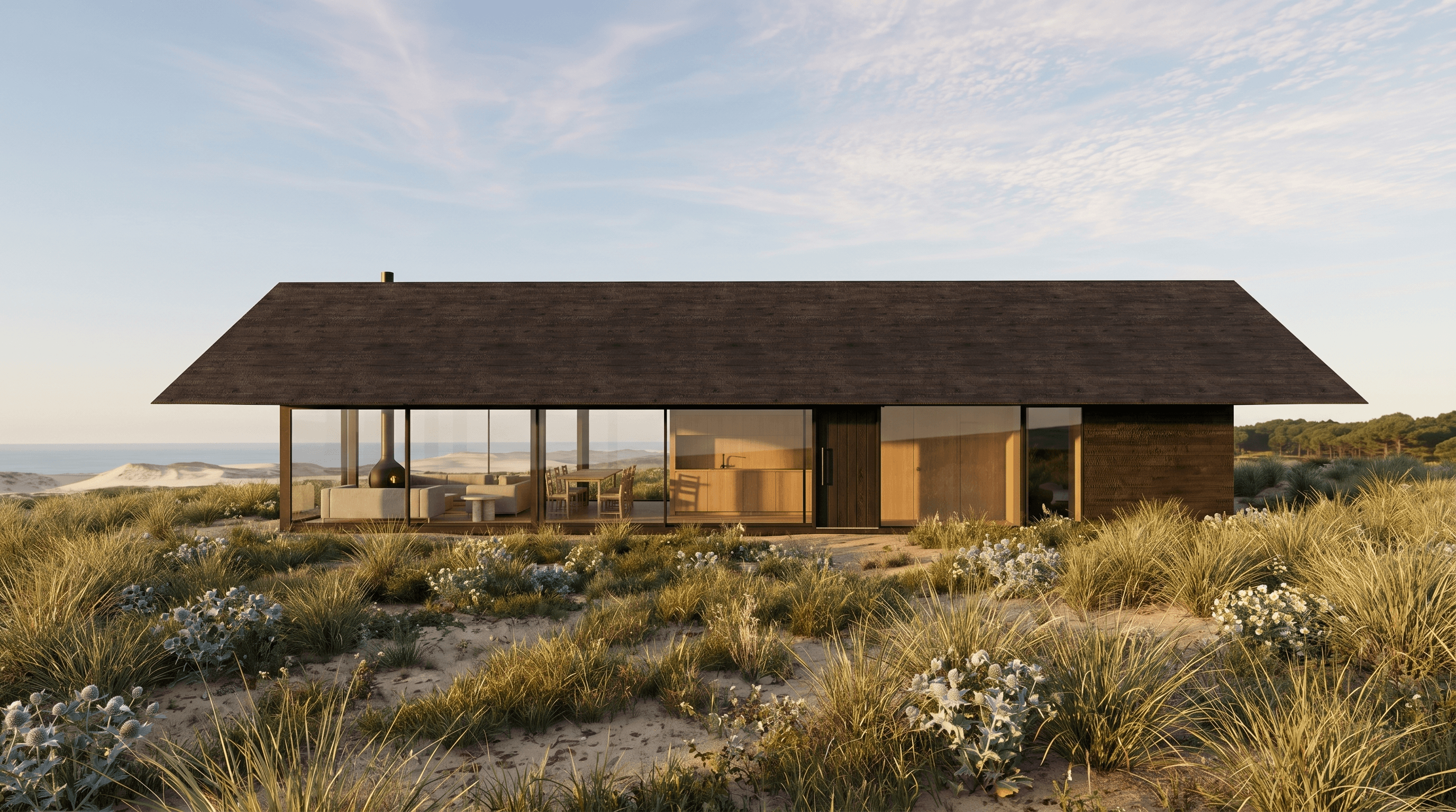 Casa Dunas Nazaré — alçado frontal entre as dunas, ao fim da tarde