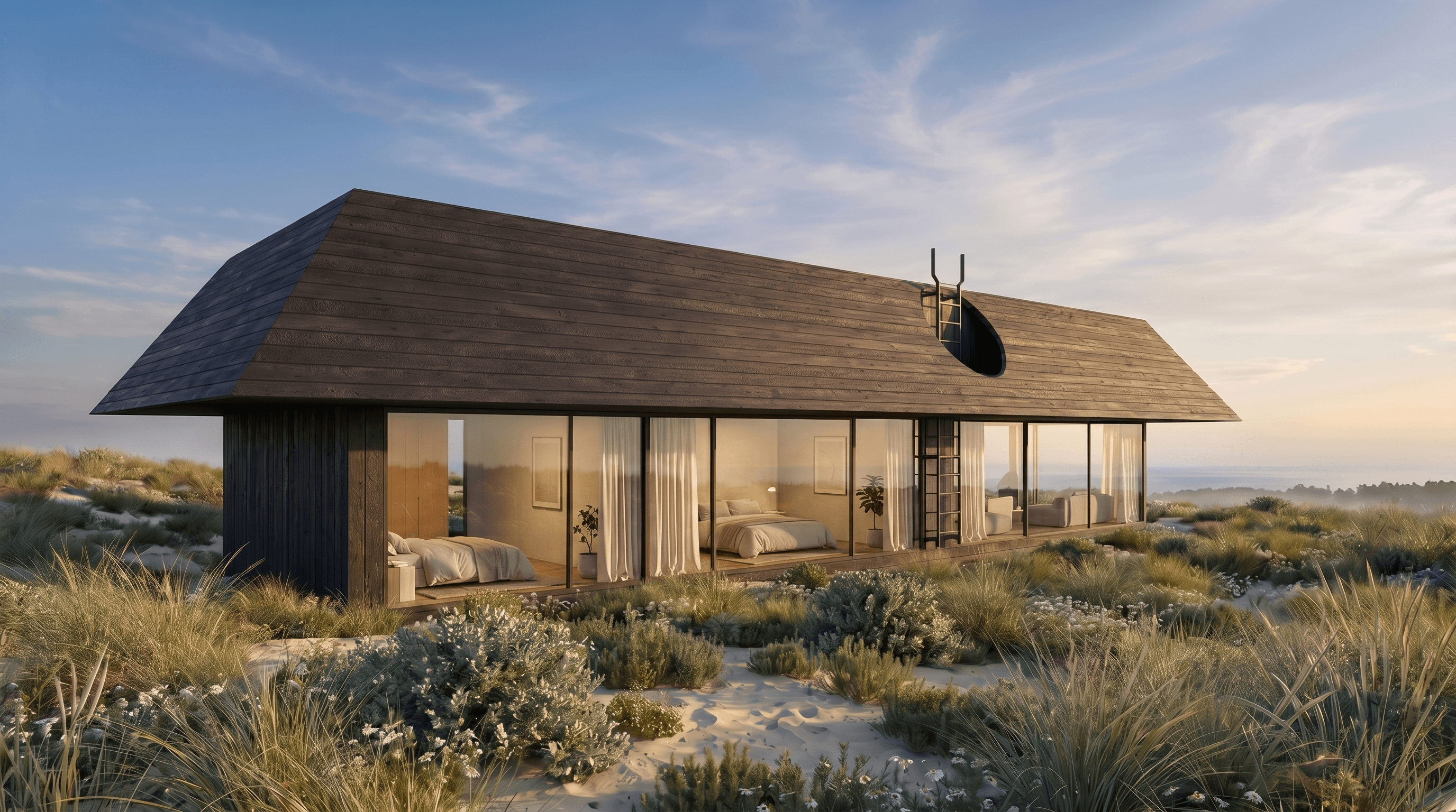 Casa Dunas Nazaré — volume com cobertura inclinada e quartos envidraçados