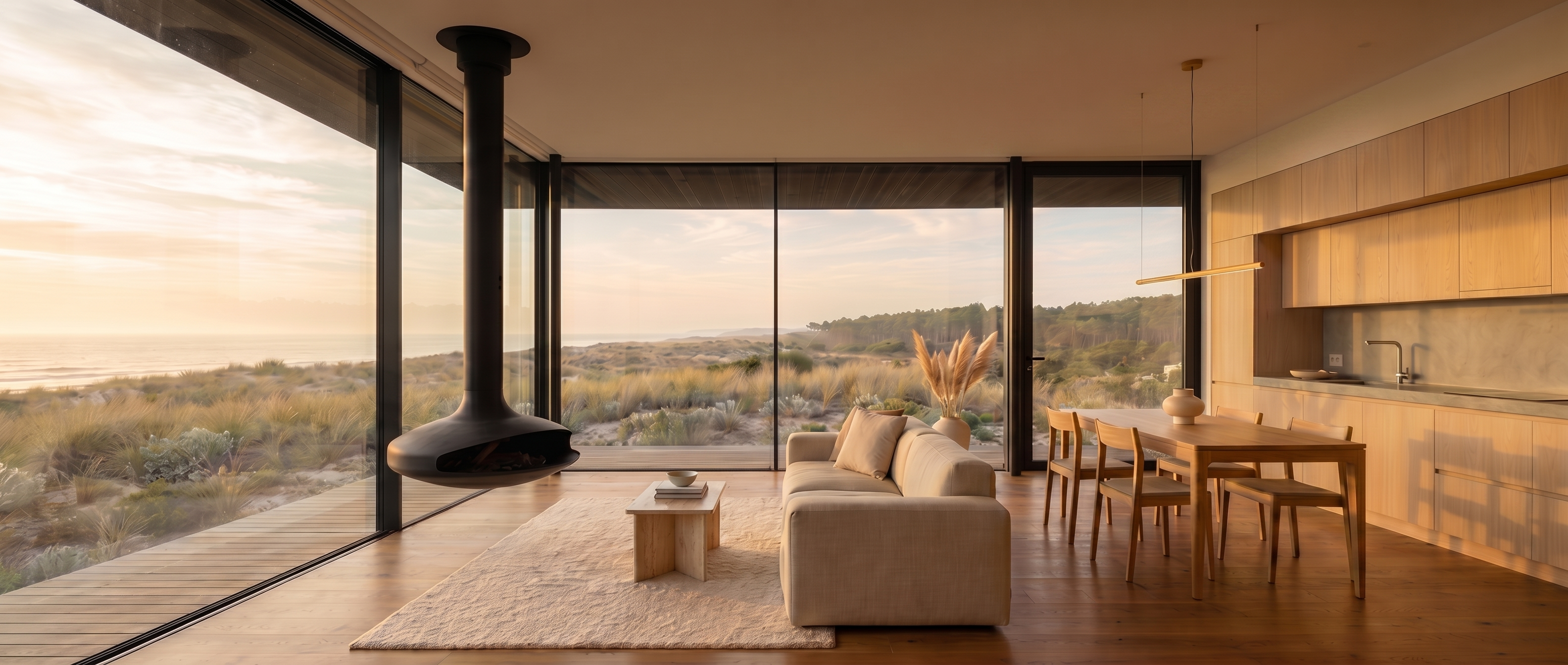 Casa Dunas Nazaré — sala e cozinha em open space com lareira suspensa e vista de mar
