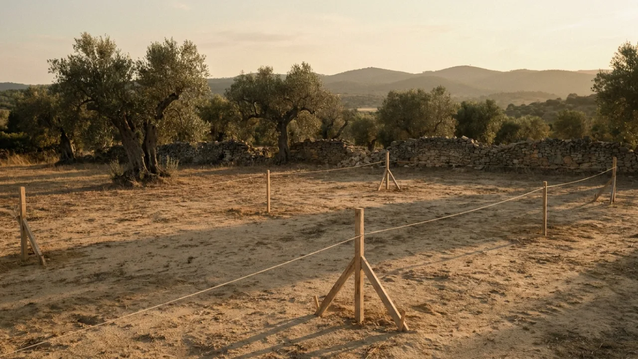 Terreno rural português com estacas de demarcação topográfica e oliveiras ao fim da tarde