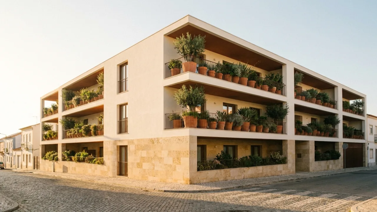 Bloco habitacional português contemporâneo com varandas plantadas ao fim da tarde — condomínios de habitação