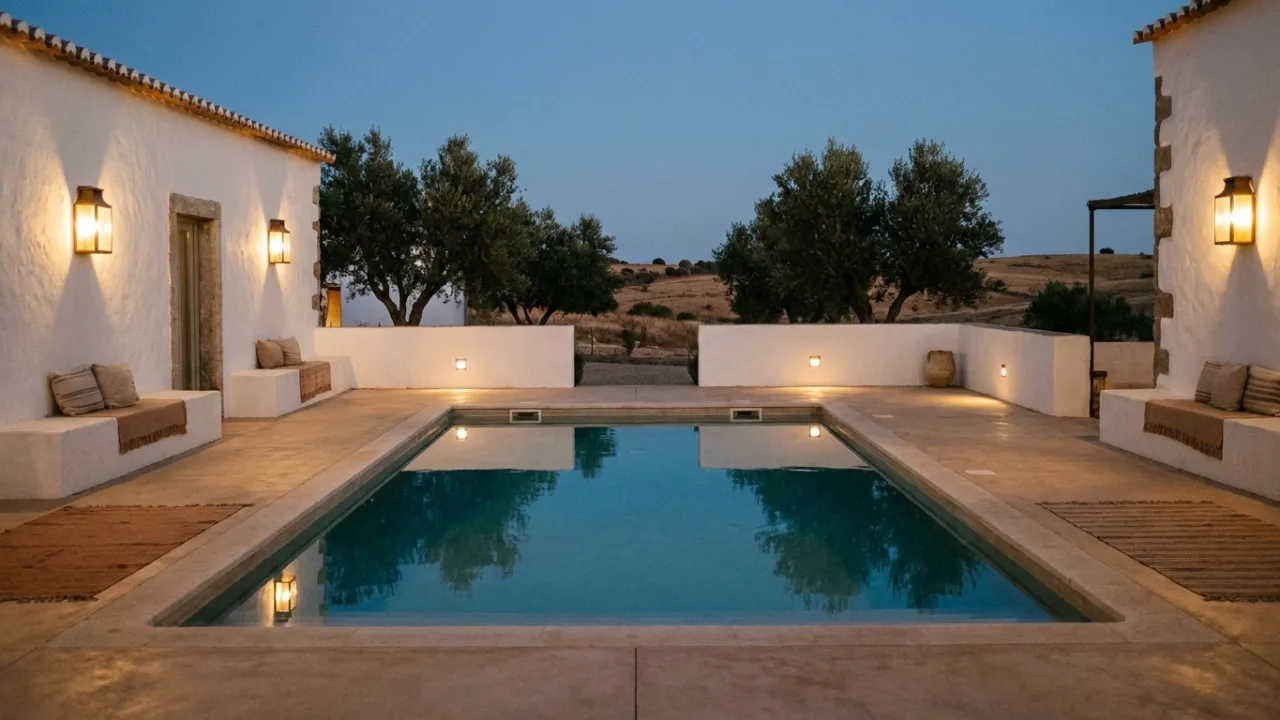 Pátio com piscina de hotel rural alentejano ao anoitecer — criar um empreendimento turístico
