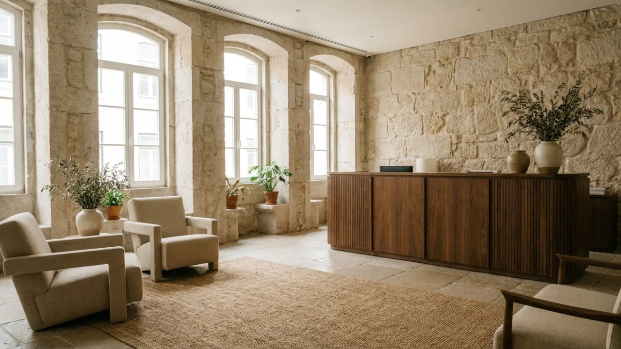 Lobby de hotel boutique em edifício histórico reabilitado em Lisboa — estabelecimentos hoteleiros