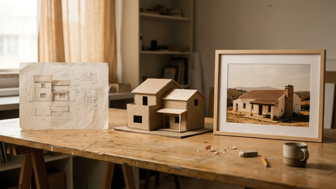 Sequência de esquisso, maqueta e fotografia da casa concluída sobre mesa de atelier — as fases de um projeto imobiliário