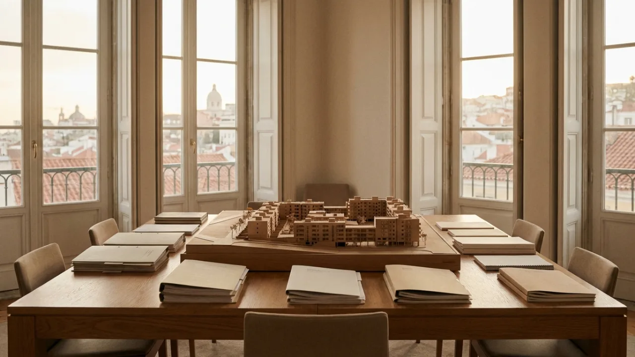 Sala de reuniões com maqueta de empreendimento habitacional e documentos — fundos de investimento e arquitetos