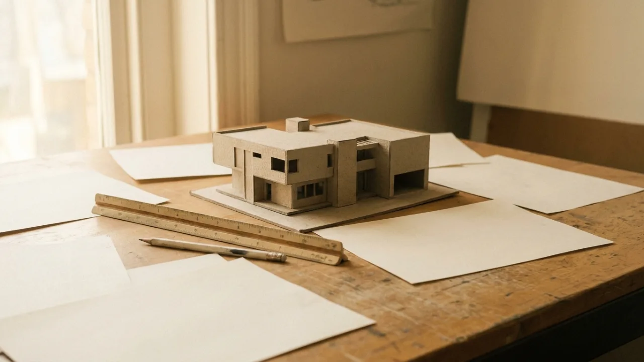 Maqueta de estudo em cartão sobre mesa de atelier com escalímetro — honorários de um projeto de arquitetura
