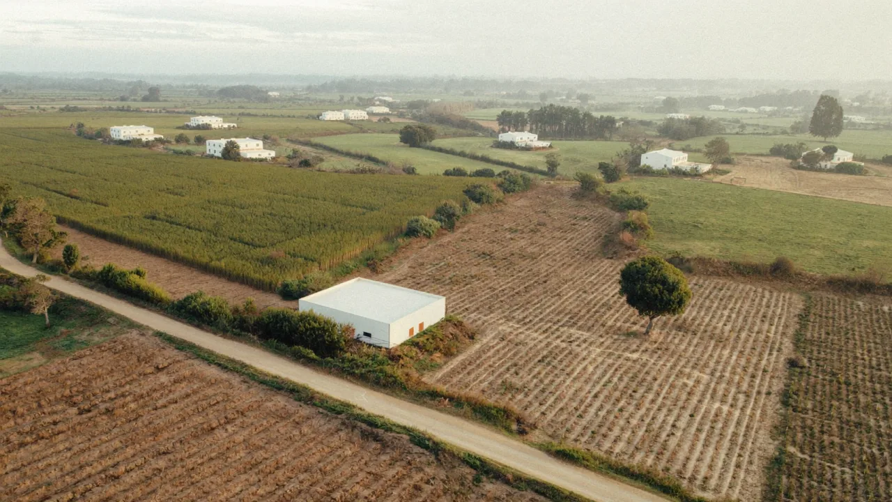 Vista aérea suave de terreno periurbano português entre campos e casario — análise de viabilidade LANDSCOPE