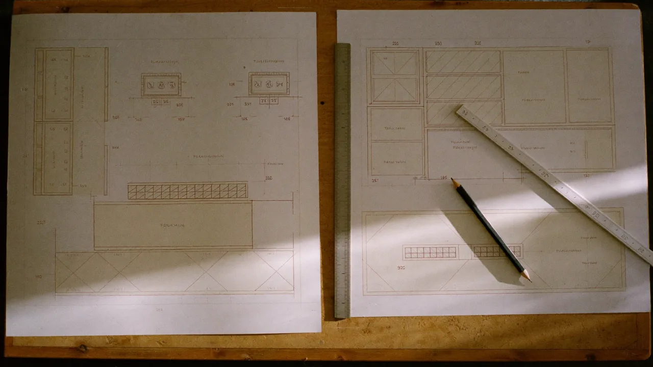 Desenhos técnicos de arquitetura lado a lado sobre mesa de atelier — licença ou comunicação prévia