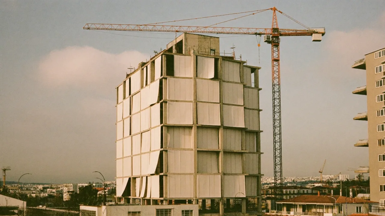 Edifício residencial em construção com grua ao fim da tarde — o novo RJUE e a promoção imobiliária