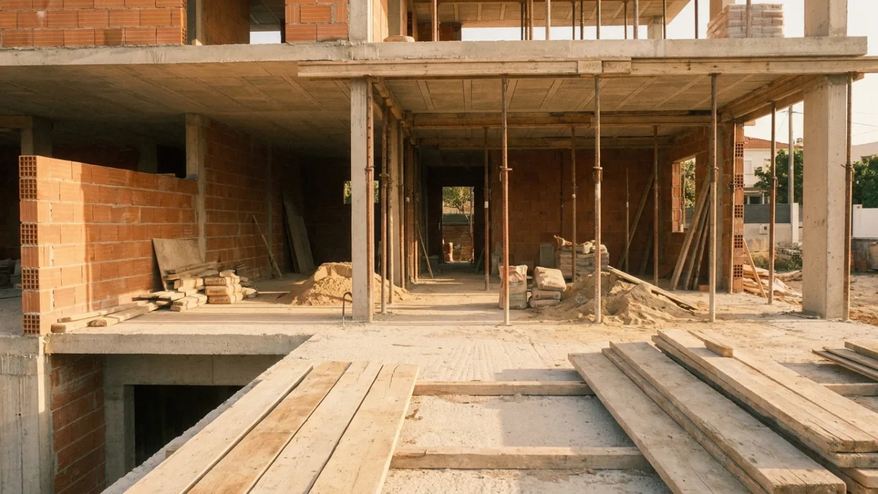 Moradia portuguesa em fase de estrutura ao fim da tarde — quanto custa construir uma casa em 2026