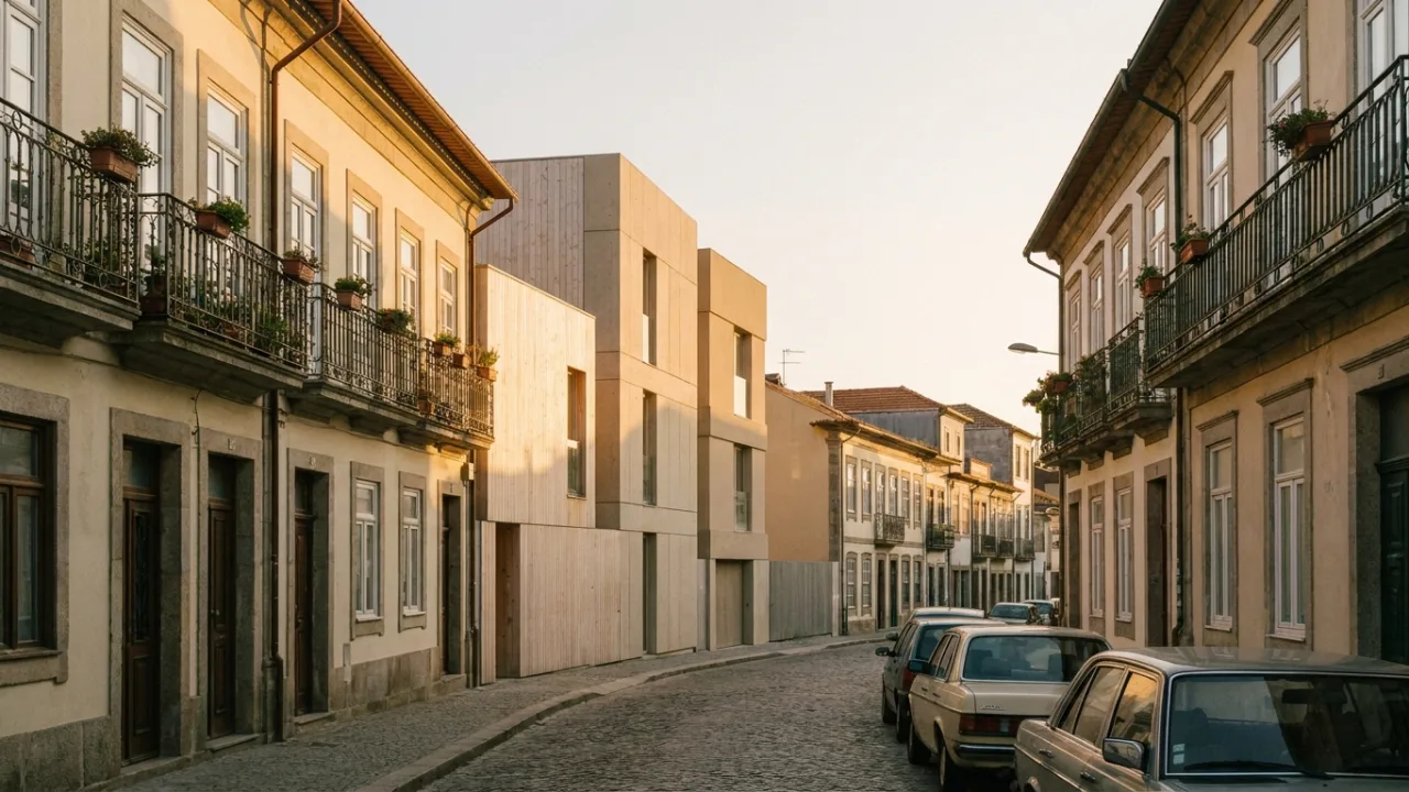 Quarteirão residencial português com edifícios reabilitados e construção nova ao entardecer — tendências do mercado da habitação