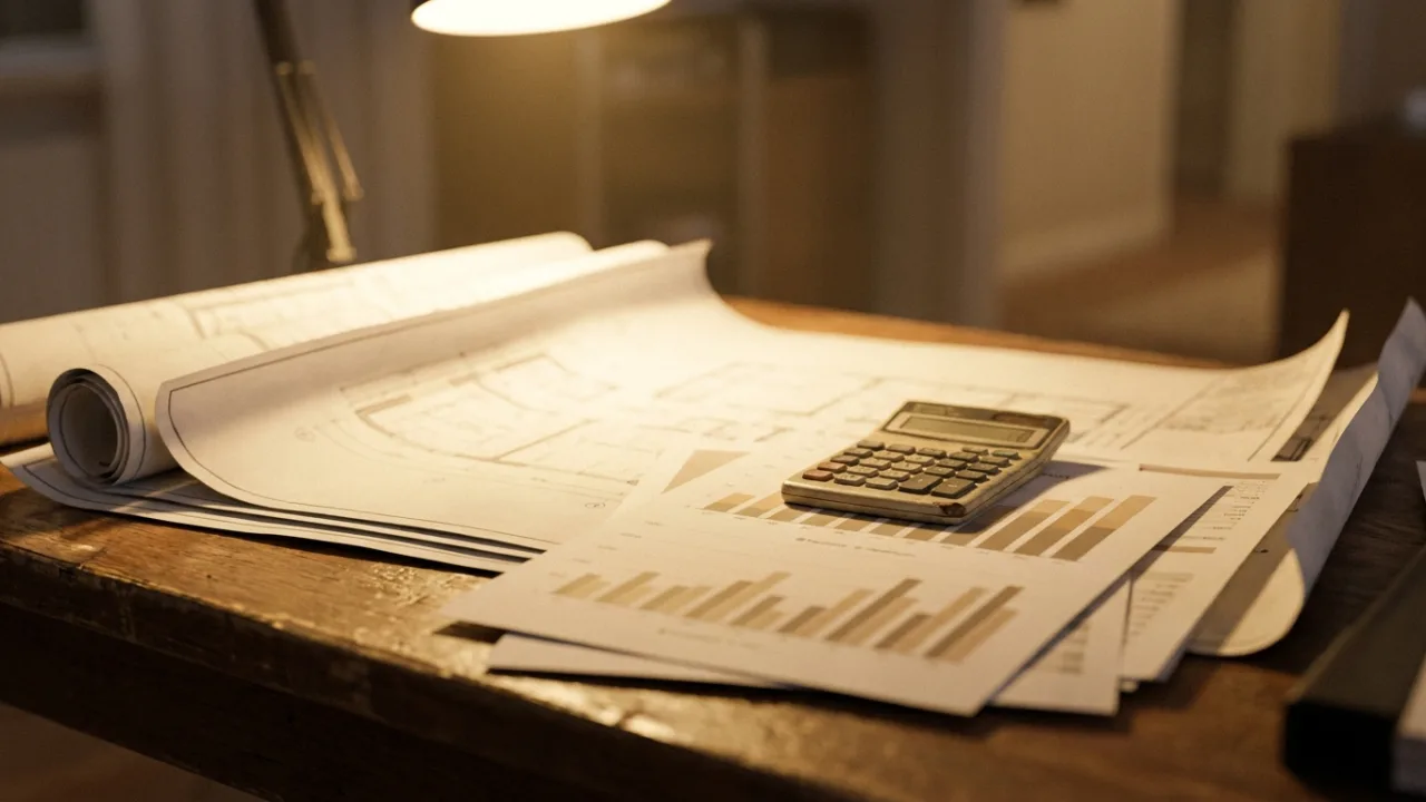 Gráficos financeiros e calculadora sobre plantas de arquitetura à luz de candeeiro — TIR e ROI na promoção imobiliária