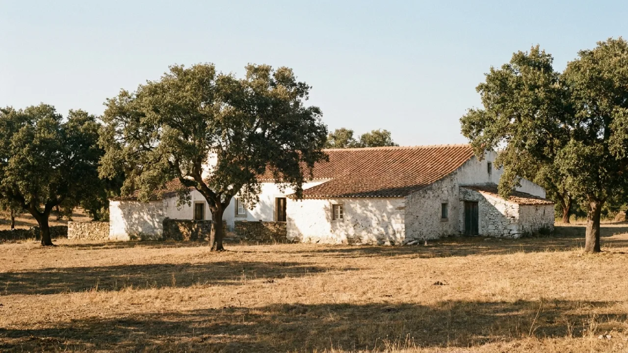 Casa de campo portuguesa caiada entre sobreiros ao fim da tarde — turismo em espaço rural