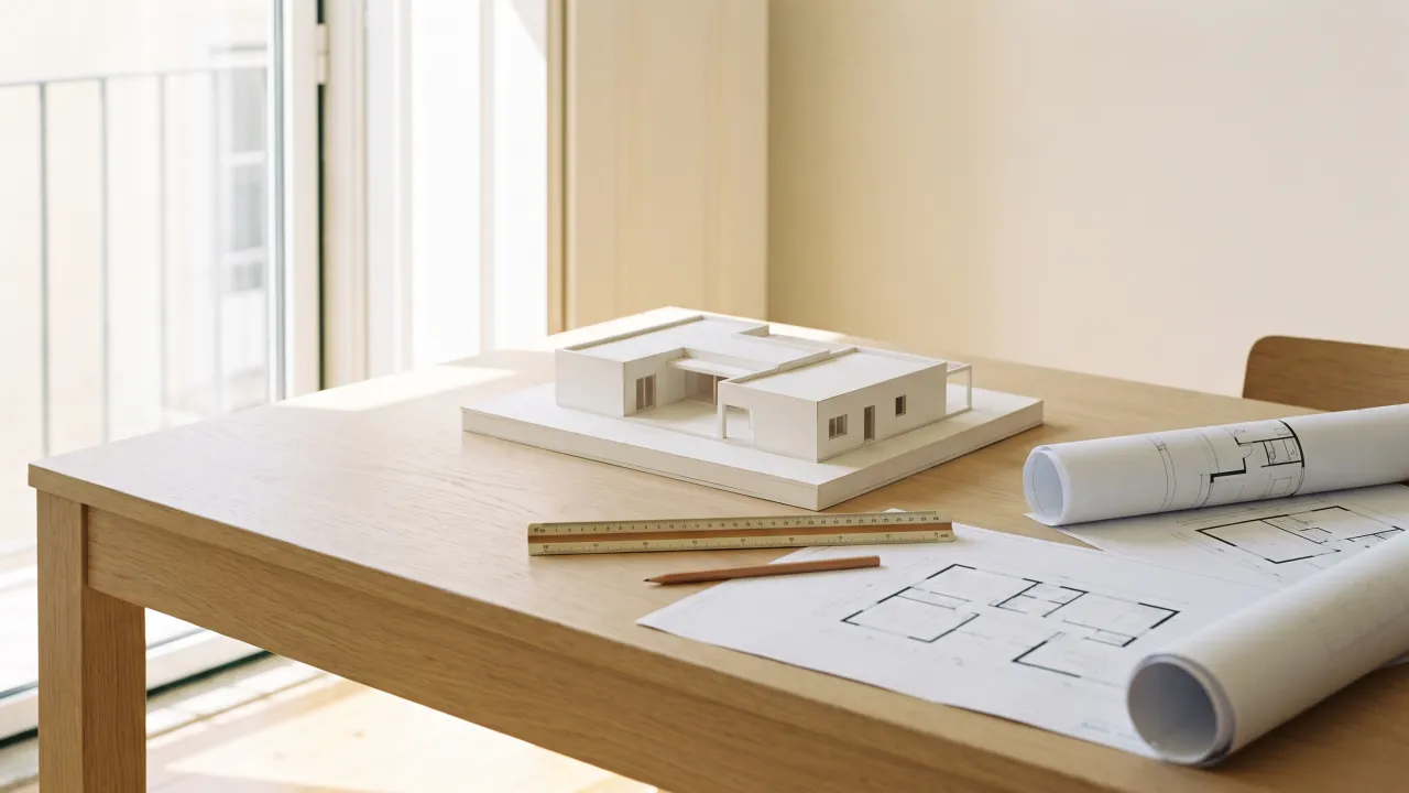 Maqueta branca de uma moradia contemporânea sobre a mesa do atelier, com desenhos de projecto
