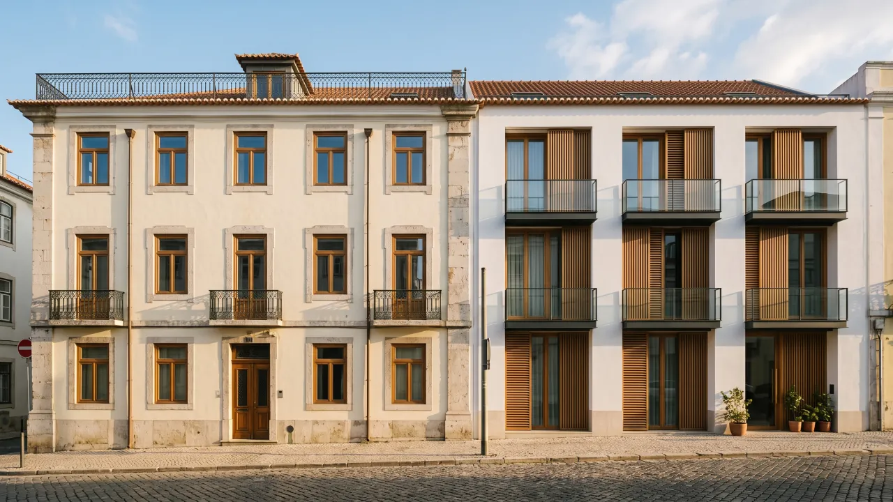 Frente urbana de Lisboa: prédio pombalino reabilitado ao lado de um edifício contemporâneo