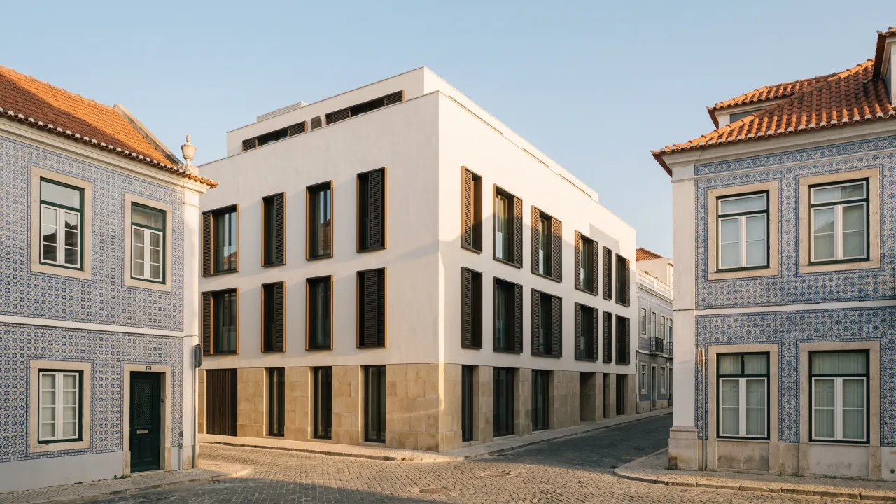 Edifício de habitação contemporâneo em Lisboa entre prédios de azulejo