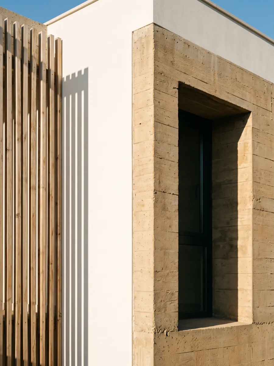 Pormenor de fachada contemporânea: betão cor de areia, reboco branco e ripado de madeira