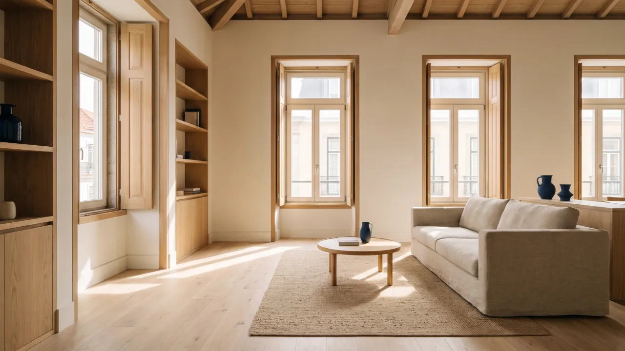 Interior contemporâneo num prédio reabilitado de Lisboa, com pé-direito generoso e luz natural