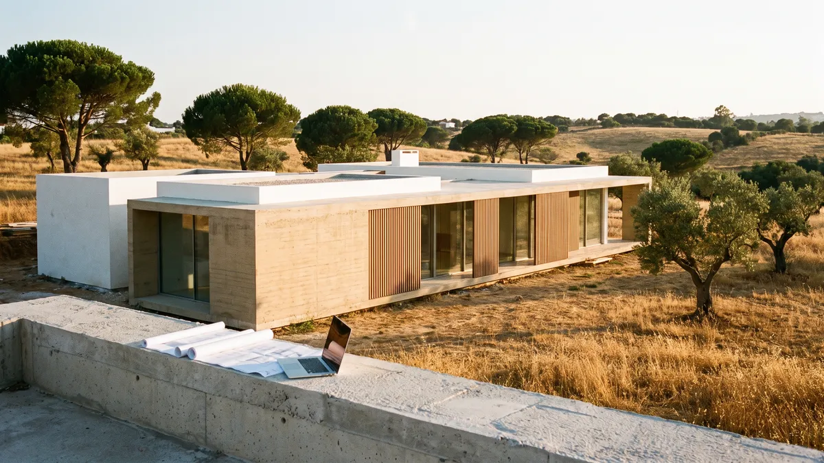 Moradia contemporânea em fase final de obra, com desenhos de projecto em primeiro plano: a Portaria 320/2026 define o que se entrega à câmara